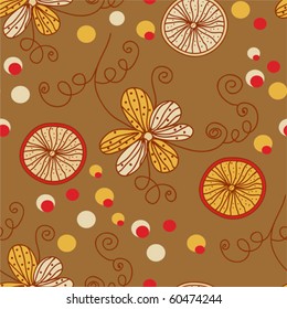 Retro pattern with flowers and lemon in brawn colors