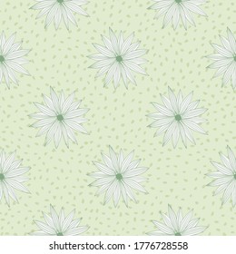 Retro pattern with flowers on background with dots in pastel green colours. Vector illustration. For print design or wallpaper. Vintage ornament. Decorative backdrop for fabric design, textile print.