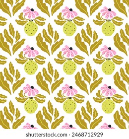 Retro pattern with flowers and vases. Print for greeting card, wrapping paper, textile, wallpaper and invitation background.