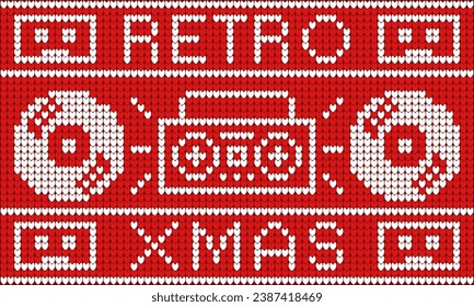 Retro pattern in the form of embroidery on a sweater with a boombox, vinyl records and cassettes, retro Christmas. Concept of a Christmas sweater pattern with winter holidays vector ornaments