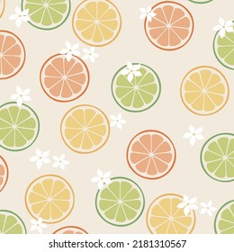 Retro-Muster mit Früchten. Zitrusstruktur. Orange, Limette, Zitrone. Sommer. 90er 80er 70er-Jahre-Poster. Moderner, trendiger Vintage-Druck. Satz nahtloser Muster, Kompositionen, bunter Hintergrund. Vektorgrafik 