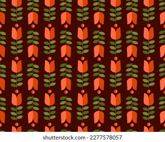 Retro pattern, geometric cute floral 70s style orange tulips and green leaves on brown background, abstract flower wallpaper, poster, invitation, fabric… for your design
