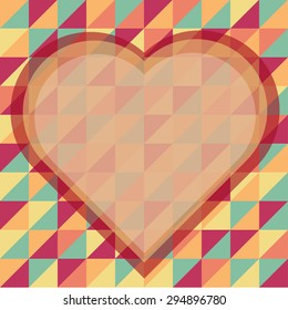 Retro pattern of geometric shapes withÂ multi-colorÂ mosaic backdrop and heart. Abstract geometric hipster retro triangle seamless pattern background for place your text, Vector illustration
