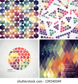 Retro pattern of geometric shapes. Colorful mosaic banners. Geometric hipster retro background with place for your text. Retro triangle background. Set of four geometric templates.