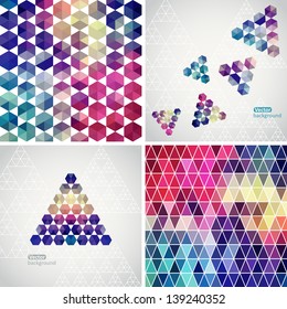 Retro pattern of geometric shapes. Colorful mosaic banners. Geometric hipster retro background with place for your text. Retro triangle background. Set of four geometric templates.