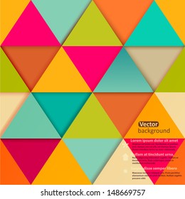 Retro pattern of geometric shapes. Colorful mosaic banner. Geometric hipster retro background with place for text. Retro triangle background. Modern Design. Cutout triangles,graphic or website layout.