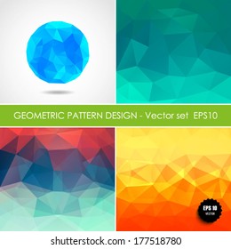 Retro pattern of geometric shapes. Colorful mosaic banners. Geometric hipster retro background with place for your text. Retro triangle background. Set of four geometric templates.