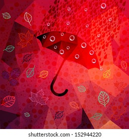 Retro pattern of geometric shapes,leaves and umbrella symbol. On hipster background with rain pattern and geometric shapes.Label design. Square composition with geometric shapes, color flow effect.