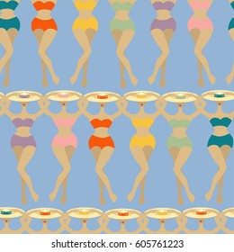 Retro pattern with girls in swimsuits.Vector seamless background for textile, ceramics, fabric, print, cards, wrapping