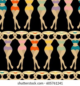 Retro pattern with girls in swimsuits.Vector seamless background for textile, ceramics, fabric, print, cards, wrapping