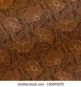 Retro pattern of gold poppies. Ornament in art nouveau style.