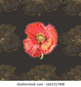 Retro pattern of golden poppies. Art Nouveau seamless ornament.