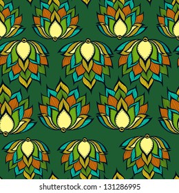 Retro pattern with green handdrawn flowers