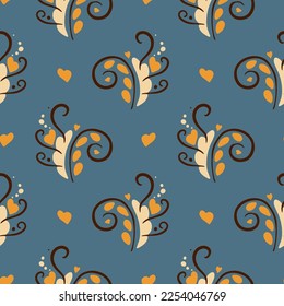 Retro pattern of leaves and curls on a blue background. Seamless vector image for wallpaper, fabrics.