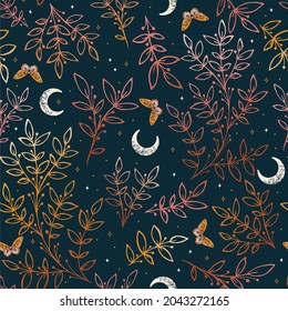 Retro pattern with moon and herbs. Contemporary composition. Trendy texture for print, textile, packaging.