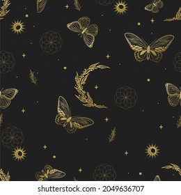 Retro pattern with moon and herbs. Contemporary composition. Trendy texture for print, textile, packaging.
