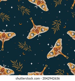 Retro pattern with moon moths and herbs. Contemporary composition. Trendy texture for print, textile, packaging.