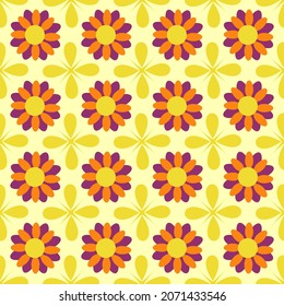 Patrón retro de flores multicolores. Dibujo en estilo hippie y años 70. Ilustración vectorial. Para su uso en envases, folletos, tejidos, impresiones.