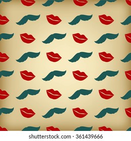 Retro pattern with mustache and kissing lips