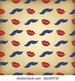 Retro pattern with mustache and kissing lips