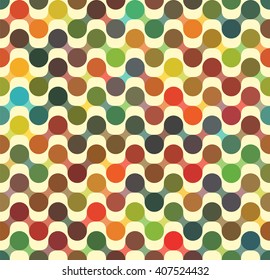 Retro pattern with overlap circles. Seamless vector background. Combined colored wavy elements. Stylish vintage wallpaper or decorative cover. Colorful abstract repeating pattern. Endless texture.