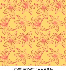 retro pattern pink lily flower on warm yellow background seamless . repeatable  tender cozy beautiful botanique ornament. vector design for packaging, textile, interior