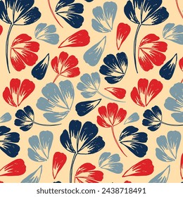 Retro pattern with poppy flower petals in vintage style for print design. Stamped drawing. Floral seamless pattern. Retro style design. Yellow background.