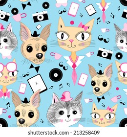 retro pattern with portraits of animals hipsters on a blue background  