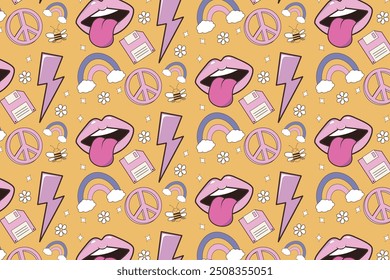 Retro pattern with rainbow, peace sign, lips, retro flowers
