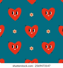 Retro pattern with red hearts and flowers for Valentine's Day on a blue background 