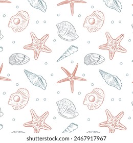 Patrón retro con conchas y estrellas de mar en estilo vintage. Patrón de verano marino para diseño de impresión. Patrón de Vector sin costuras.