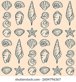 Retro pattern with seashells and underwater animals. Hand drawn summer print. Vector illustration in doodle style