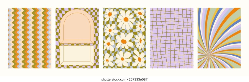 Retro pattern set. Abstract psychedelic Groovy backgrounds in retro colors. Trendy twisted funky vector texture in abstract y2k style. Vector graphic for posters and art prints.