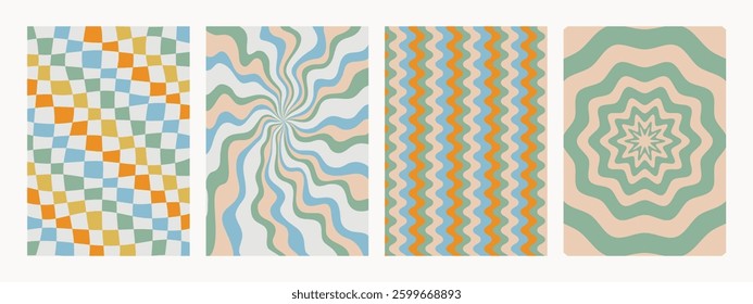 Retro pattern set. Abstract psychedelic Groovy backgrounds in retro colors. Trendy vector texture in abstract y2k style. Vector graphic for posters and art prints