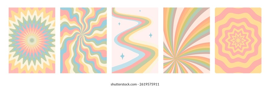 Retro pattern set. Abstract psychedelic Groovy backgrounds in retro colors. Twisted vector texture in trendy y2k style. Vector graphic for posters and art prints