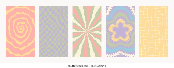 Retro pattern set. Abstract psychedelic Groovy backgrounds in retro colors. Twisted vector texture in trendy y2k style. Vector graphic for posters and art prints