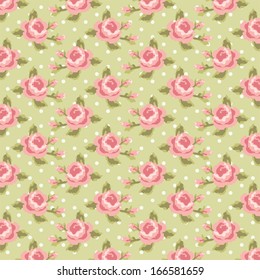Retro pattern with shabby chic roses on polka dot  background