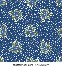 Retro pattern with simple cute flower. Polka dots background. Template for fabric design, wallpapers, fashion prints. Feedsack style. Country plant ornament.
