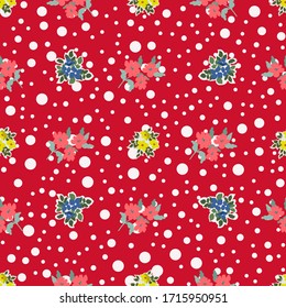 Retro pattern with simple cute flower. Polka dots background. Template for fabric design, wallpapers, fashion prints. Feedsack style. Country plant ornament.