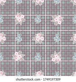 Retro pattern with simple cute flower. Plaid background. Template for fabric design, wallpapers, fashion prints. Feedsack style. Country plant ornament.