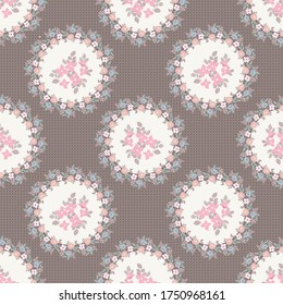 Retro pattern with simple cute flower. Polka dots background. Template for fabric design, wallpapers, fashion prints. Feedsack style. Country plant ornament.