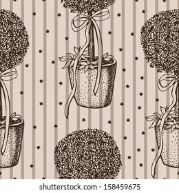 retro pattern with small trees in pots