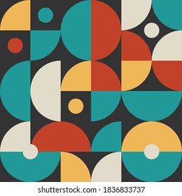 Retro Pattern In Style Of 60s, 70s. Bauhaus Seamless Color Geometric Background. Pattern With Circles. Geometric Shapes For Posters And Covers