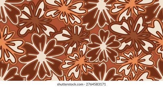 Retro pattern in the style of Flower Power of 70s. Large stylized flowers with round petals. Seamless 70s flower power pattern with bold layered flowers in terracotta, rust and white on orange background. Perfect for textile, wallpaper and retro surface design.
