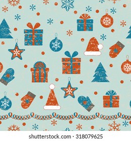 Retro pattern   with various  of things which associate with
Christmas and New Year holidays. Seamless grunge texture with thin places effect.

