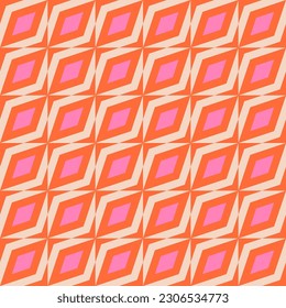 Retro pattern. Vector geometric seamless texture. 1960s - 1970s style. Simple ornament with rhombuses, squares, repeat tiles. Trendy abstract vintage geo background. Orange, pink and beige color