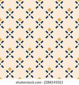 Retro pattern. Vector ornamental geometric seamless texture. Simple ornament with lines, crosses, squares, repeat tiles. Abstract vintage geo background. Dark blue, beige and gold color. Funky design