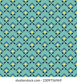 Retro pattern. Vector ornamental geometric seamless texture. Simple ornament with lines, feather grid, fish scale, repeat tiles. Trendy abstract vintage geo background. Blue, gold, black, turquoise