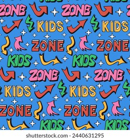 Retro pattern with word stickers in 90s style. Hand drawn words game, win in bubble, street style graffiti style. Perfect for background, textile.