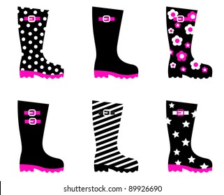 Retro patterned wellington rain boots isolated on white ( black, pink ).
